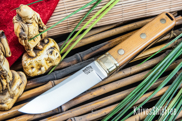 Bark River Knives: Kitsune Tanto - CPM 154 - Brass Bolster - Natural Canvas Micarta - Black Liners