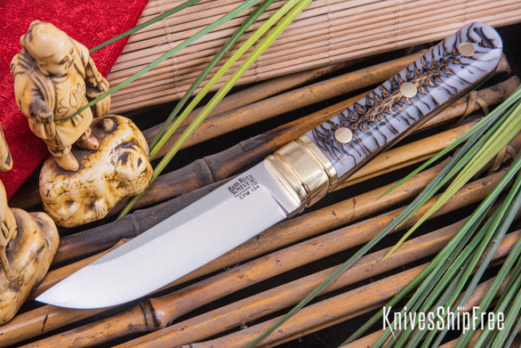 Bark River Knives: Kitsune Tanto - CPM 154 - Brass Bolster - White Pinecone - Natural Liners