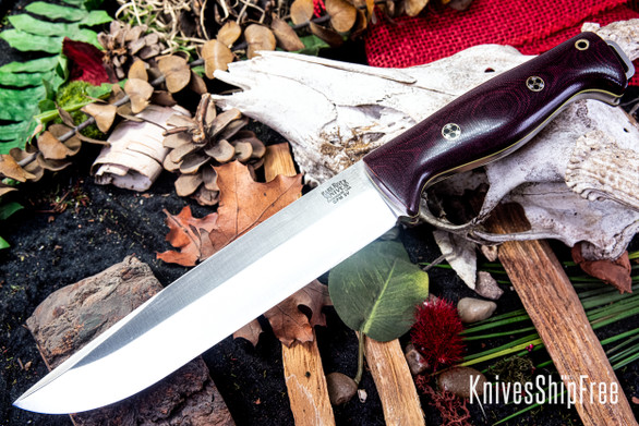 Bark River Knives: Bravo 2 - CPM 3V - Rampless - Burgundy Canvas Micarta - Yellow Liners - Mosaic Pins - Swedge