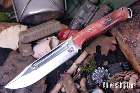 Bark River Knives: Squad Leader II - CPM 3V - Black & Coral Maple Burl - Mosaic Pins