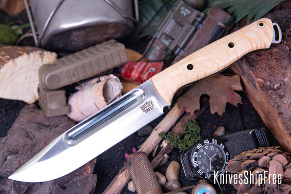 Bark River Knives: Squad Leader II - CPM 3V - Natural Curly Maple - Lime Liner - Hollow Brass Pins
