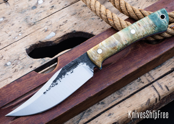 Lon Humphrey Knives: MiniGun - Forged 52100 - Box Elder Burl - Blue Liners - LH14HJ083