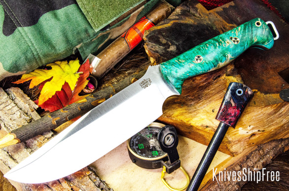 Bark River Knives: Bravo Survivor - CPM 3V - Blue & Green Maple Burl - Mosaic Pins