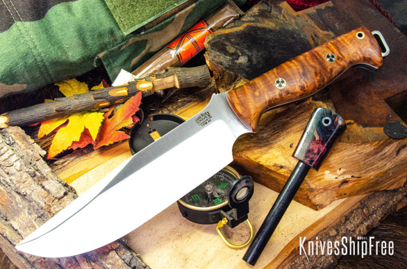 Bark River Knives: Bravo Survivor - CPM 3V - Thuya Burl - White Liners - Mosiac Pins