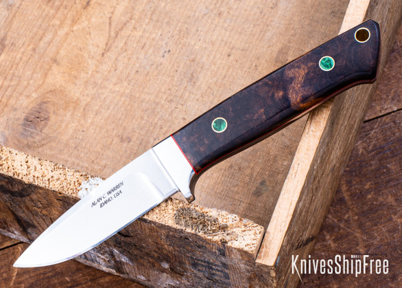 Alan Warren Custom Knives: #2616 Mini Loveless Style Drop Point - Ironwood Burl -  Red G10 Liners - Brass & Maple Pins - CPM 154