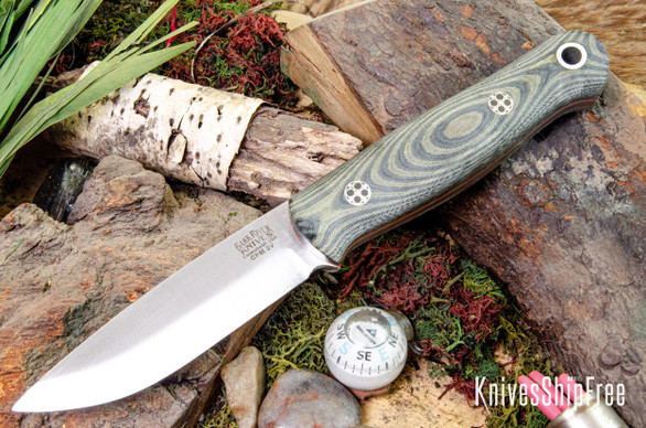 Bark River Knives: Bushcrafter LT - CPM 3V - Black & Green Linen Micarta - Orange Liners - Mosaic Pins - Matte