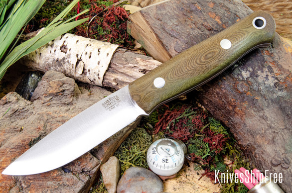 Bark River Knives: Bushcrafter LT - CPM 3V - Green Linen Micarta - White Liners
