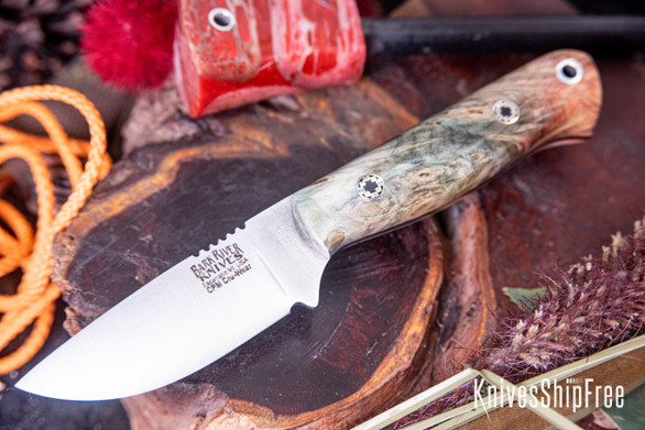 Bark River Knives: Bravo Necker - Cru-Wear - Green & Salmon Maple Burl - Mosaic Pins