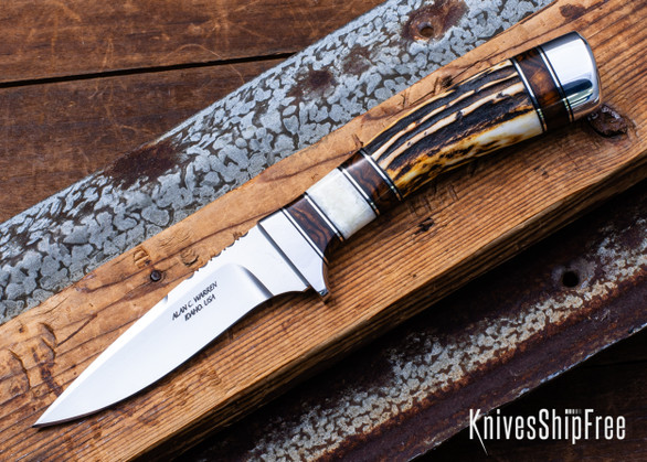 Alan Warren Custom Knives: #2627 Bird & Trout EDC - Sambar Stag -  Fossil Walrus, Ironwood Burl, Nickel Silver & G10 Accents - CPM 154