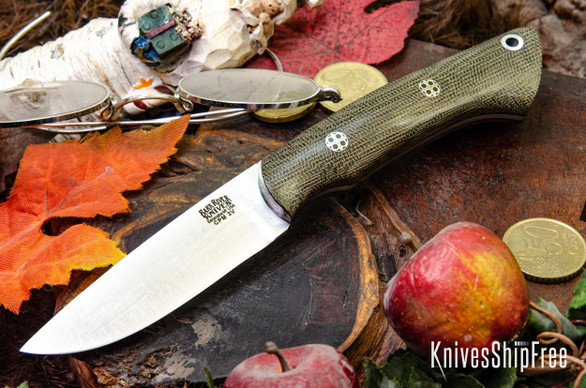Bark River Knives: Featherweight Fox River - CPM 3V - Green Canvas Micarta - Black Liners - Mosaic Pins