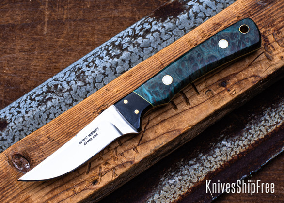 Alan Warren Custom Knives: #2635 Bird & Trout EDC - Dyed & Stabilized Redwood Burl -  Yellow G10 Liners - Fossil Walrus & Brass Pins - Black G10 Bolsters w/Bronze Pins - Brass Lanyard Hole - CPM 154