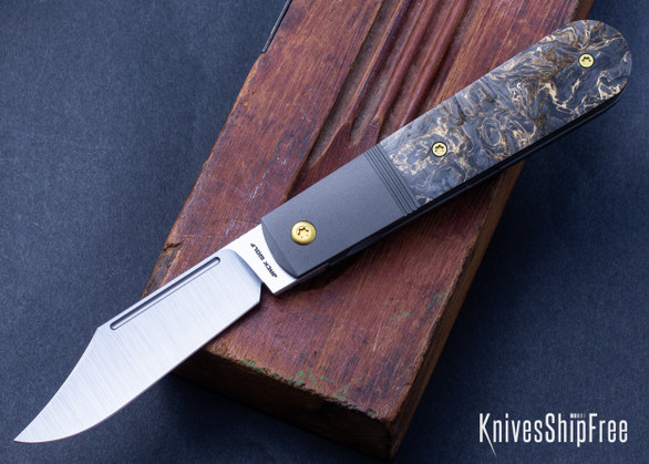 Jack Wolf Knives: Primo Jack - Front Flipper - Integral Titanium Framelock - Dark Matter Gold Fat Carbon - CPM-S90V
