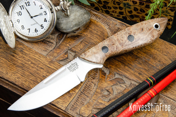 Bark River Knives: Adventurer - CPM 3V - Natural Elder Burl - Forest Green Liners - Black Pins