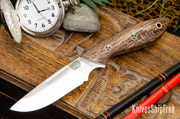Bark River Knives: Adventurer - CPM 3V - Brown Sycamore Burl - Mosaic Pins