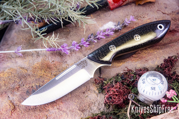 Bark River Knives: Adventurer - CPM 3V - Black Burlap Micarta - Mosaic Pins