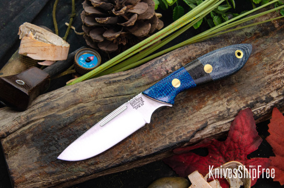Bark River Knives: Adventurer - CPM 3V - Navy & Denim Micarta Burlap - Black Burlap Micarta Spacer - Green Liners - Mosaic Pins
