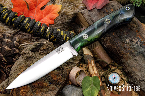 Bark River Knives: Aurora - CPM MagnaCut - Black & Green Maple Burl - Blue Liner - Mosaic Pins