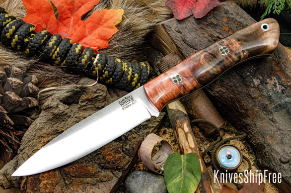 Bark River Knives: Aurora - CPM MagnaCut - Brown & Coral Maple Burl - White Liner - Mosaic Pins