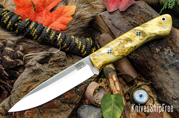 Bark River Knives: Aurora - CPM MagnaCut - Gold Maple Burl - Blue Liner - Mosaic Pins