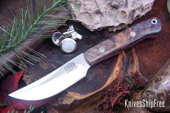 Bark River Knives: Little Caper - MagnaCut - Brown & Black Maple Burl - Red Liner - Mosaic Pins