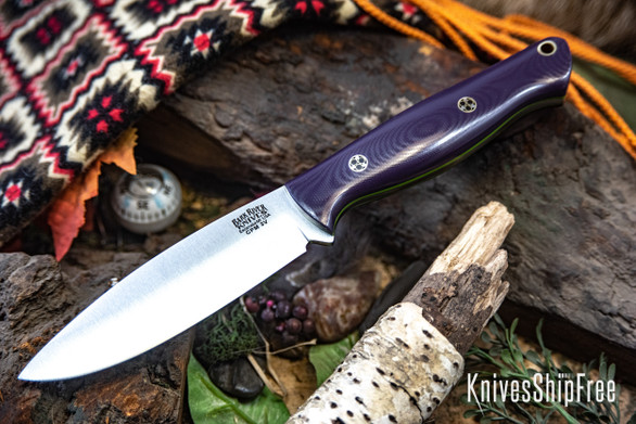 Bark River Knives: UP Gunny 3V - Purple G-10 - Toxic Green Liners - Mosaic Pins
