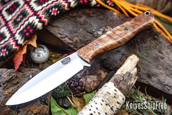 Bark River Knives: UP Gunny 3V - Tan Tigertail Maple Burl - Mosiac Pins