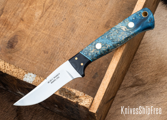 Alan Warren Custom Knives: #2631 Bird & Trout EDC - Box Elder - Blue G10 Liners - Brass & Fossil Walrus Pins - G10 Bolstersw/Bronze Pins -AEB-L