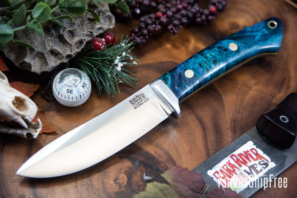 Bark River Knives: Classic Semi Skinner - MagnaCut - Blue & Teal Maple Burl - Yellow Liners - Brass Pins