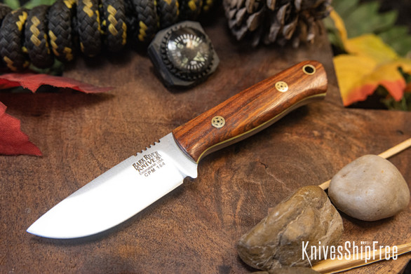 Bark River Knives: Micro Bravo CPM-154 - Snakebean Wood - Yellow Liners - Mosaic Pins