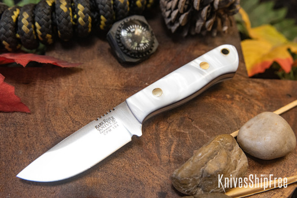 Bark River Knives: Micro Bravo CPM-154 - White Pearl Kirinite - Purple Liner - Brass Pins