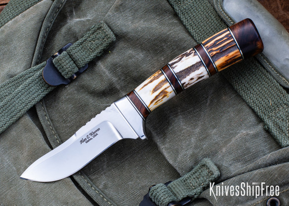 Alan Warren Custom Knives:#2713 Humpback Hunter - Sambar Stag- Ironwood Burl, Nickel Silver, Black G10 Accents - Ironwood Pommel w/Fossil Walrus Plug - CPM 154