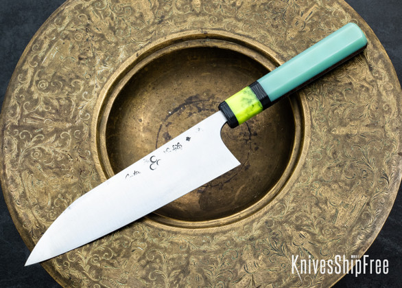 Carter Cutlery: Funayuki - Teal G10 -Yellow & Black Accent - Burgundy Crosscut Liners - San Mai