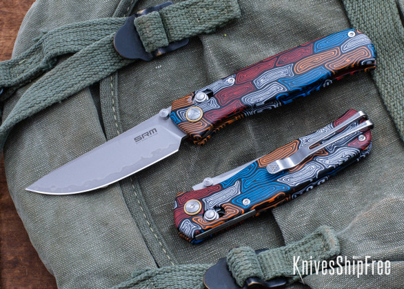 SRM Knives: Medal 255L-GQ2 - Damascus Pattern G10 - Bead Blast Drop Point  - Ambi-Lock - Laminated 140Cr