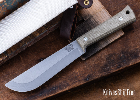 L.T. Wright Knives: Woods Monkey Half/Chete - Green Micarta - Matte - 1095 Carbon Steel - Stonewashed - Firehose Sheath