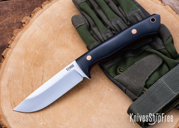 7Forge Knives: Artemis Hunter - Black Richlite - Black Canvas & Red G10 Liners -  Copper Mosaic Pins - 52100