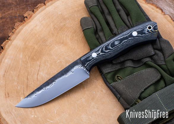7Forge Knives: Custom Forged Hunter - Raven Richlite - Blue Liners - Aluminium Pins - 5160