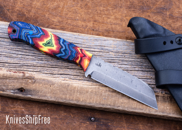 WK Forgeworks Custom Knives: Comanche XL - Multi Colored Linen Micarta - Blue &Red G10 Pins - 15N20