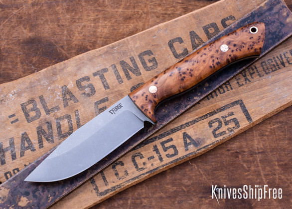 7Forge Knives: Rogue - Thuya Burl - Black Canvas Liners - Mosaic Pins - MagnaCut