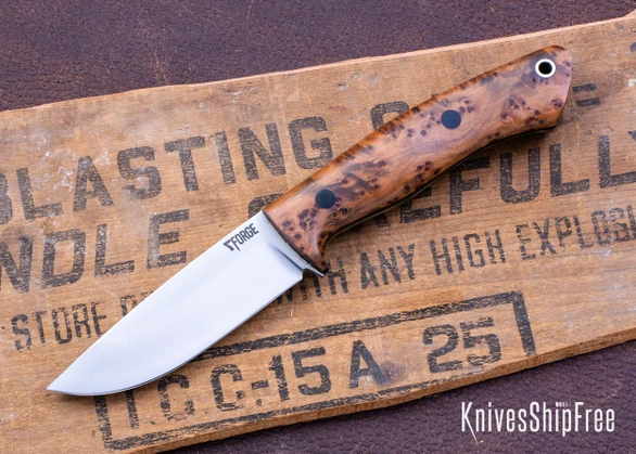 7Forge Knives: Messenger - Thuya Burl - Black Canvas Liners - Black Pins - 52100