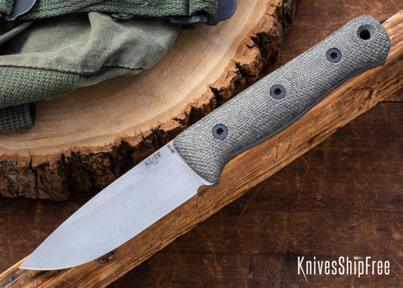 Reiff Knives: F4 Gen 2 - Bushcraft Survival Knife - Green Canvas Micarta - CPM-3V - Stonewashed Saber Grind - Kydex Sheath