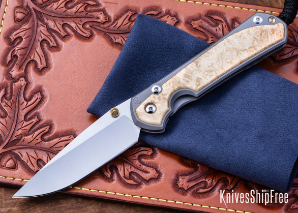 Chris Reeve Knives: Large Sebenza 31 - Glass Blasted Titanium - Box Elder Burl - CPM-MagnaCut - Drop Point - CR10HL011