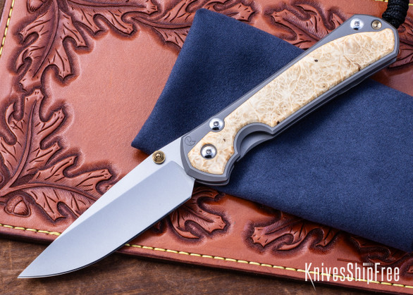 Chris Reeve Knives: Large Sebenza 31 - Glass Blasted Titanium - Box Elder Burl - CPM-MagnaCut - Drop Point - CR10HL013