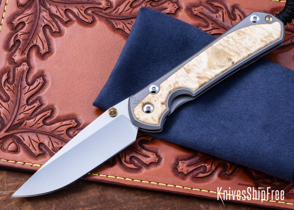 Chris Reeve Knives: Large Sebenza 31 - Glass Blasted Titanium - Box Elder Burl - CPM-MagnaCut - Drop Point - CR10HL015
