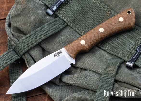 Lishen Knives: Canuck - AEB-L - Matte Natural Canvas Micarta - Brass Pins
