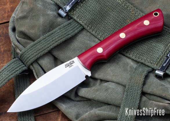 Lishen Knives: Canuck - AEB-L - Ruby Linen Micarta - Black Liners - Brass Pins