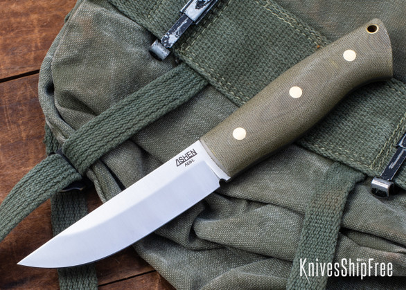 Lishen Knives: Woodsman - AEB-L - Matte Green Canvas Micarta - Brass Pins