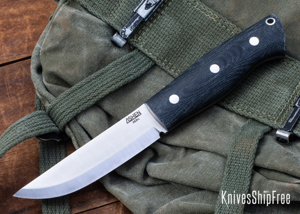 Lishen Knives: Woodsman Scandi - AEB-L - Matte Black Canvas Micarta - Aluminum Pins