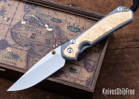 Chris Reeve Knives: Large Sebenza 31 - Glass Blasted Titanium - Box Elder Burl - CPM-MagnaCut - Drop Point - CR10HL019