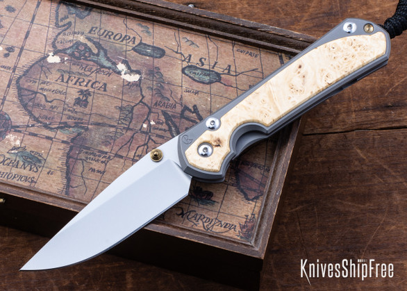 Chris Reeve Knives: Large Sebenza 31 - Glass Blasted Titanium - Box Elder Burl - CPM-MagnaCut - Drop Point - CR10HL022