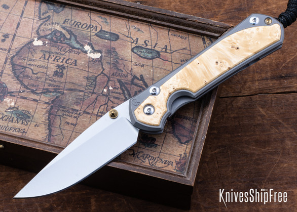 Chris Reeve Knives: Large Sebenza 31 - Glass Blasted Titanium - Box Elder Burl - CPM-MagnaCut - Drop Point - CR10HL027